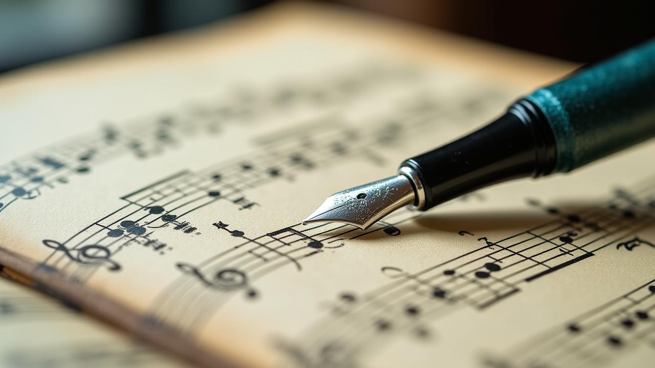 Close up of handwritten antique sheet music with a modern fountain pen